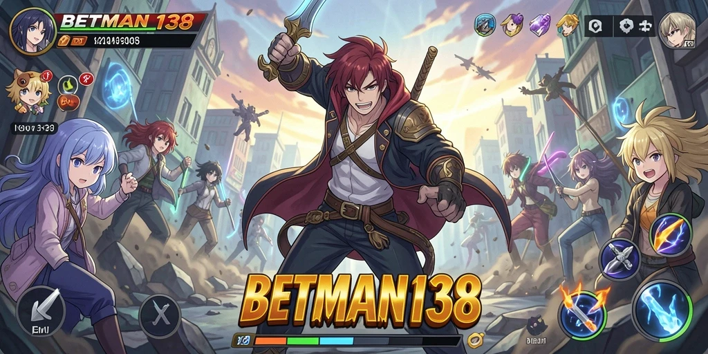 Tangkapan layar utama BETMAN138 menampilkan aksi pertempuran karakter anime.