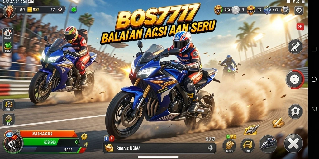 Screenshot dari gameplay <strong>BOS777</strong> menampilkan aksi balapan motor yang menegangkan.