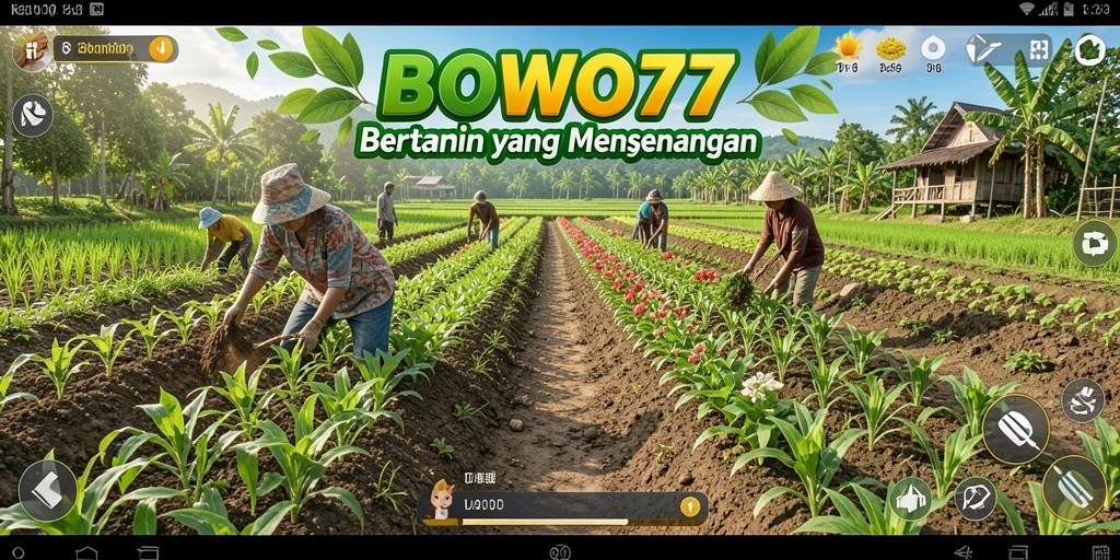 Tampilan gameplay seru dalam BOWO77 saat bertani di lahan luas.