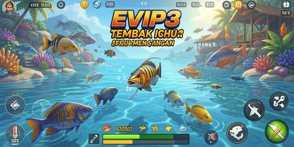 Tampilan gameplay seru dari EVIP3 dengan berbagai jenis ikan.