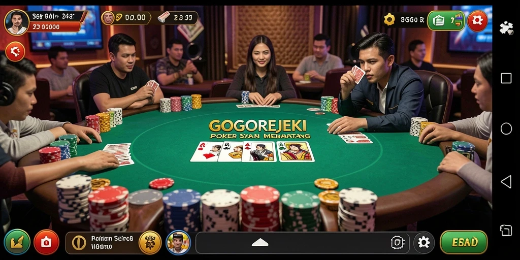 Screenshot gameplay GOGOREJEKI yang menunjukkan aksi poker intens.