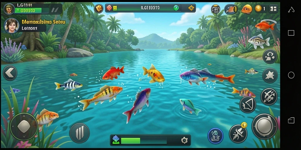 Screenshot utama LG111 menampilkan aksi seru dalam memancing ikan.