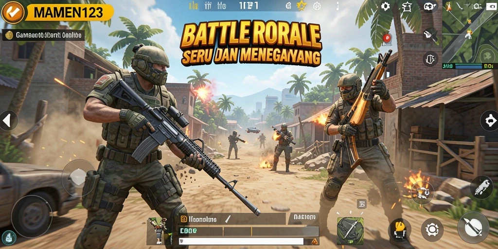 Tampilan gameplay seru di MAMEN123 dengan aksi pertempuran Battle Royale.