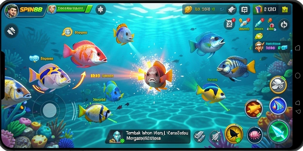 Screenshot gameplay SPIN88 yang menunjukkan keseruan menangkap ikan.