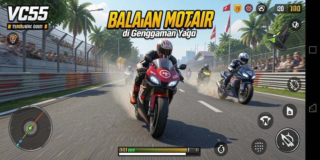 Tampilan gameplay VC55 yang mendebarkan dan penuh aksi balapan motor.