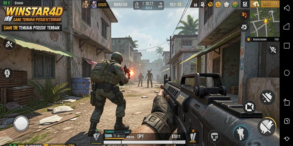 Screenshot gameplay WINSTAR4D dengan aksi pertempuran yang intens dalam TPS.